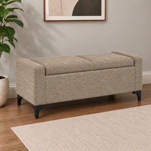 Beige modern storage ottoman bench with upholstered arms and black legs