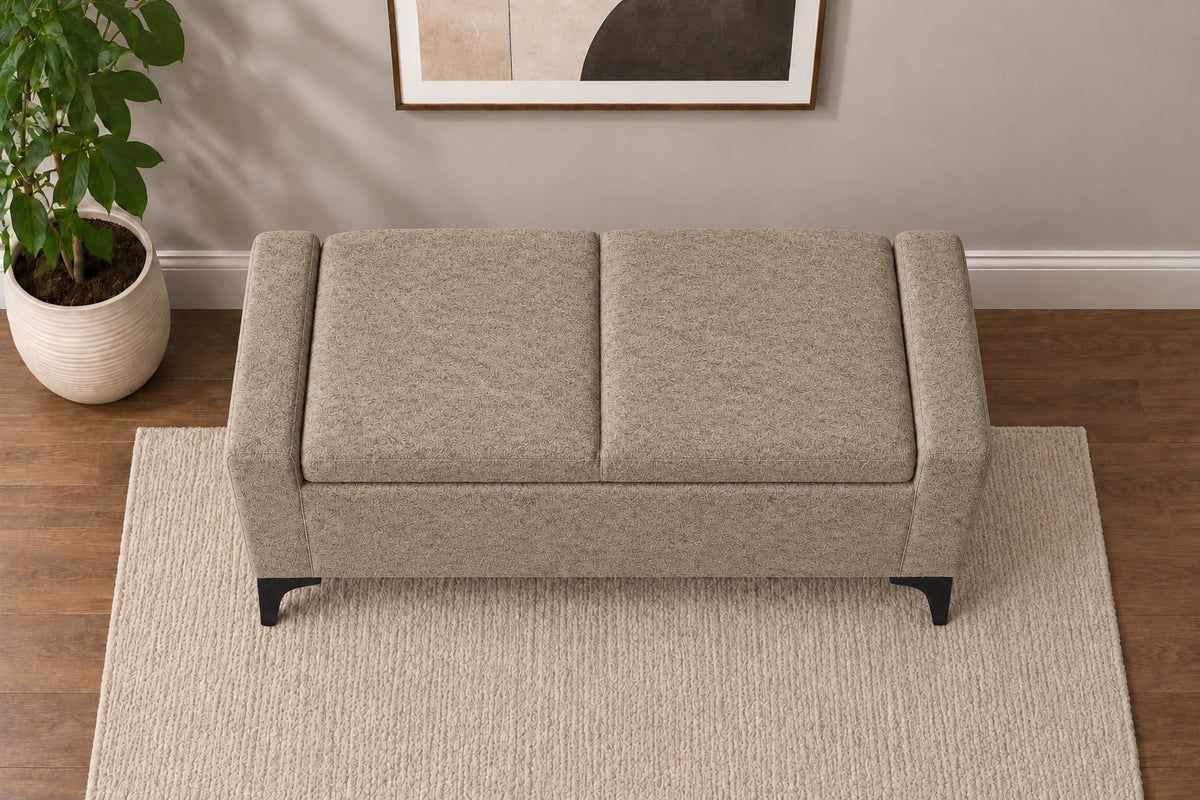 Top view of beige upholstered storage ottoman bench with cushioned seats