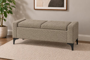 Back view of beige upholstered storage ottoman bench with black legs