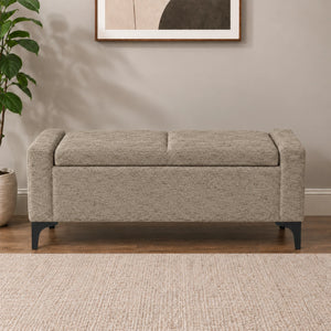 Beige upholstered storage ottoman bench with cushioned top and black legs