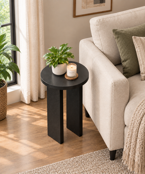 Black round end table top view