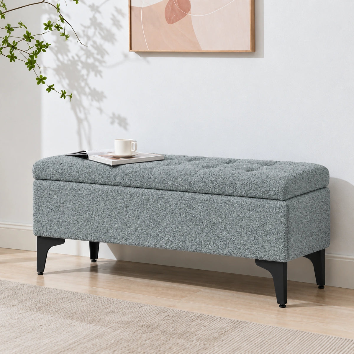 blue grey storage ottoman bench in a modern bedroom