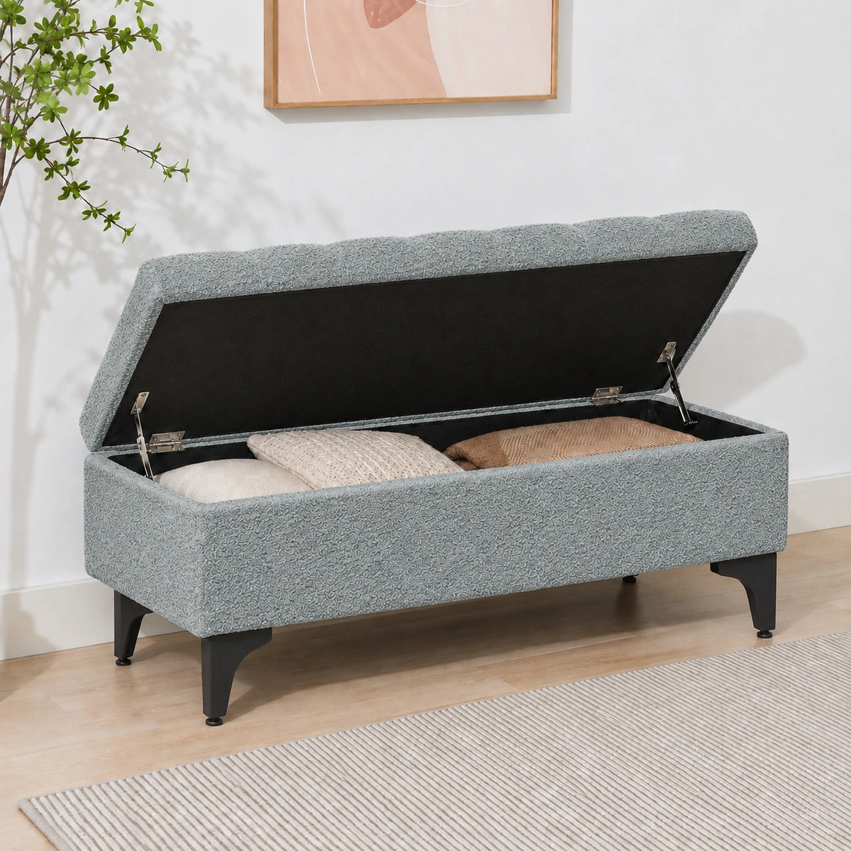blue grey storage ottoman bench with lift-up lid and storage