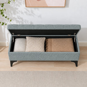 blue grey storage ottoman bench with open storage compartment