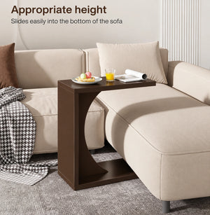 C-shaped end table designed to slide under a sofa for convenient use