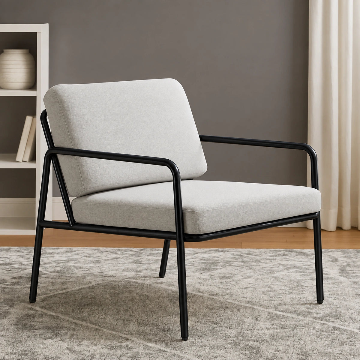 Modern Black Frame Lounge Chair – Upholstered Seat, Metal Armrests, Contemporary Design – Furely