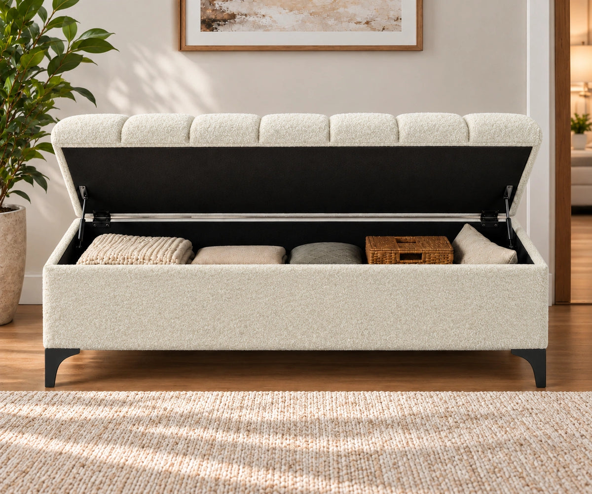 Cream upholstered storage bench with spacious hidden storage compartment