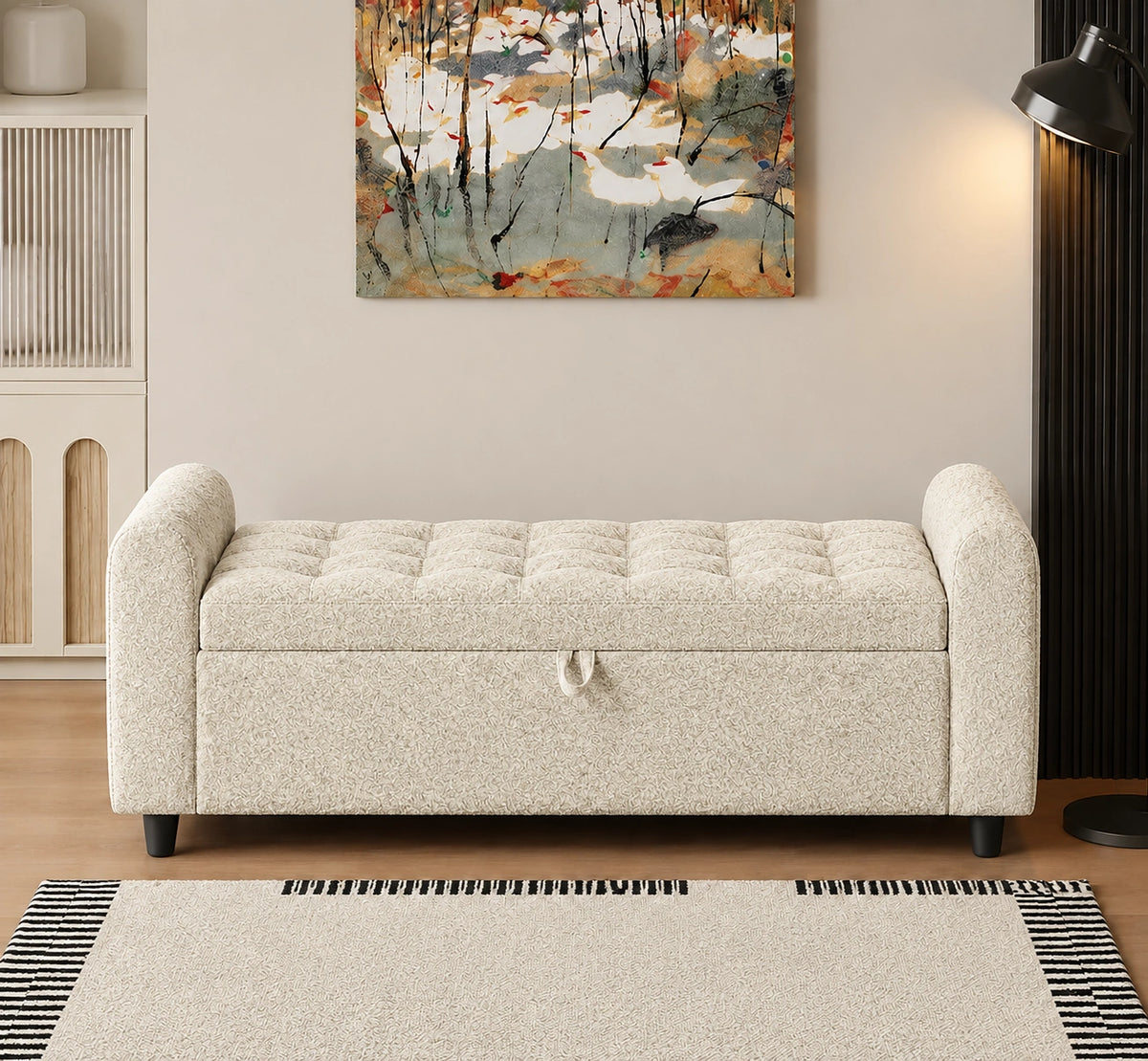 Cream upholstered storage ottoman bench front view with tufted top