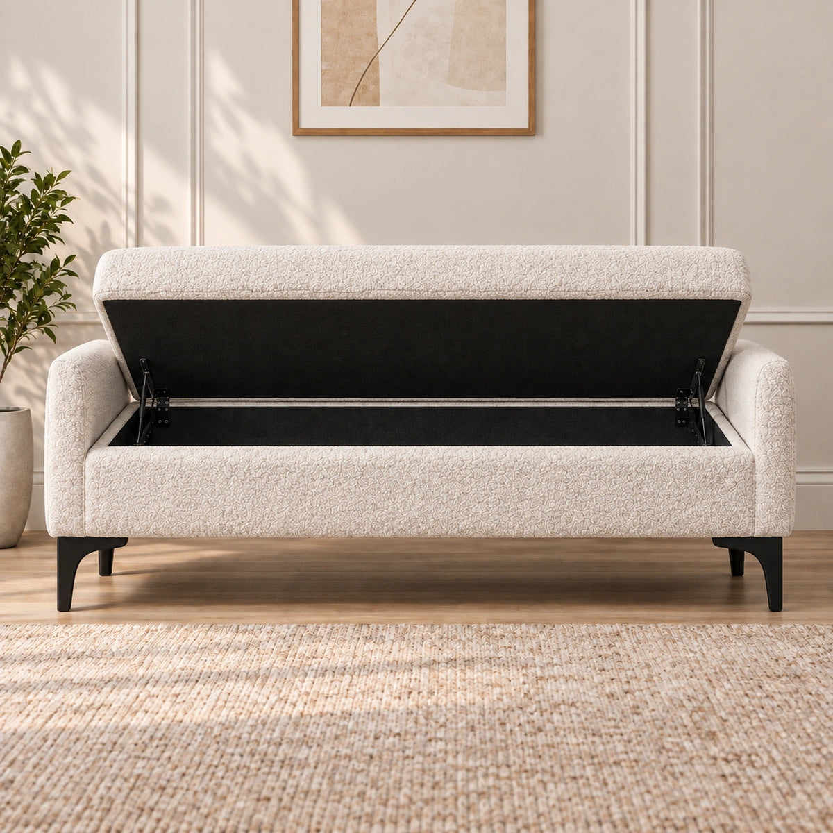 Cream storage ottoman bench with open hidden storage compartment