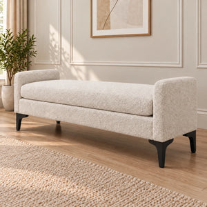 Cream storage ottoman bench side view with upholstered arms