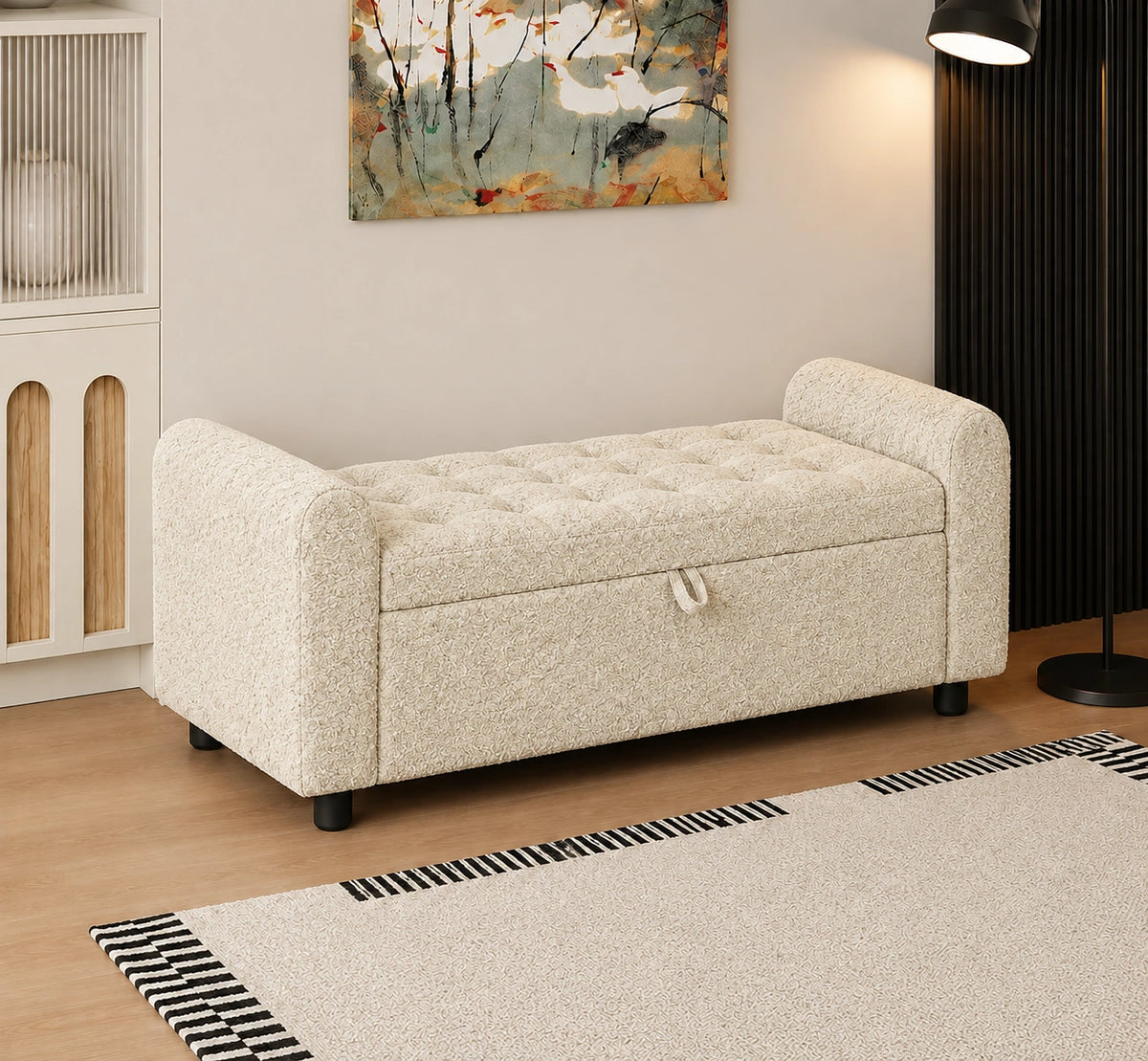 Cream tufted storage ottoman bench side view with rounded arms