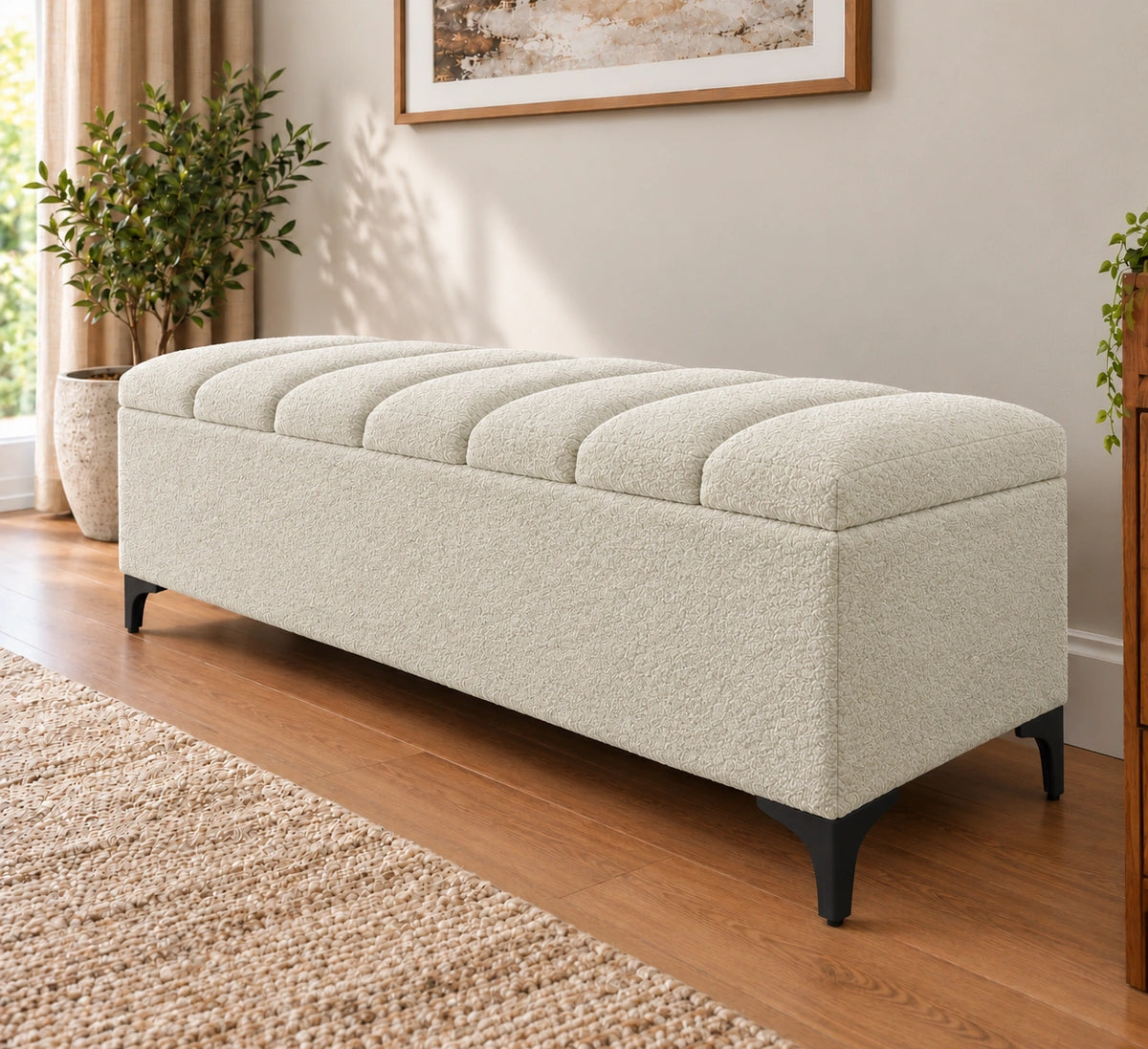 Cream upholstered storage bench for bedroom with cushioned top