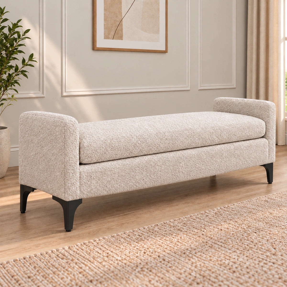 Cream upholstered storage ottoman bench with black legs