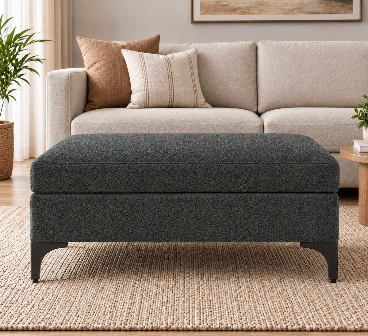 Dark charcoal ottoman in living room