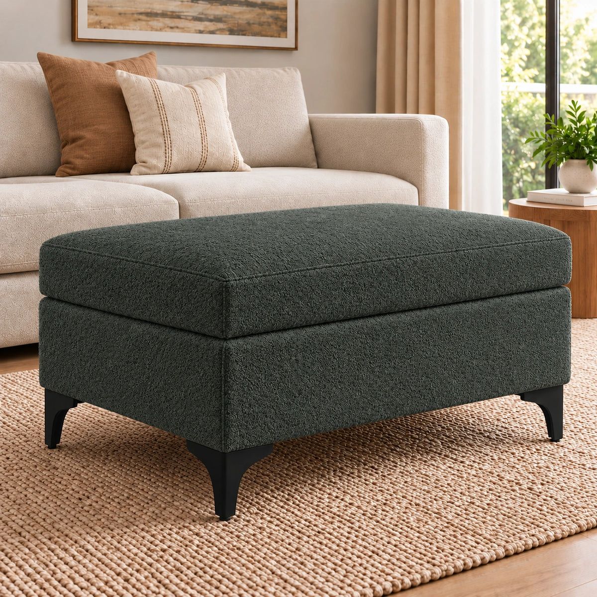 Dark charcoal upholstered ottoman