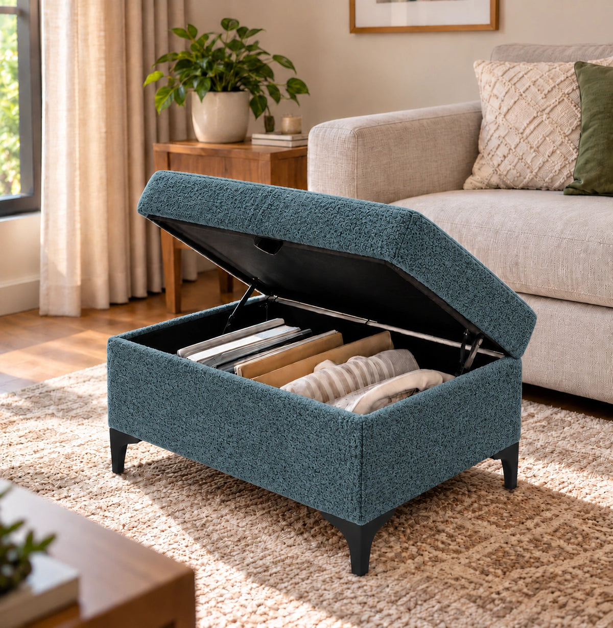 Dark teal blue ottoman with storage