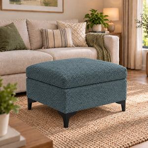 Dark teal blue upholstered ottoman