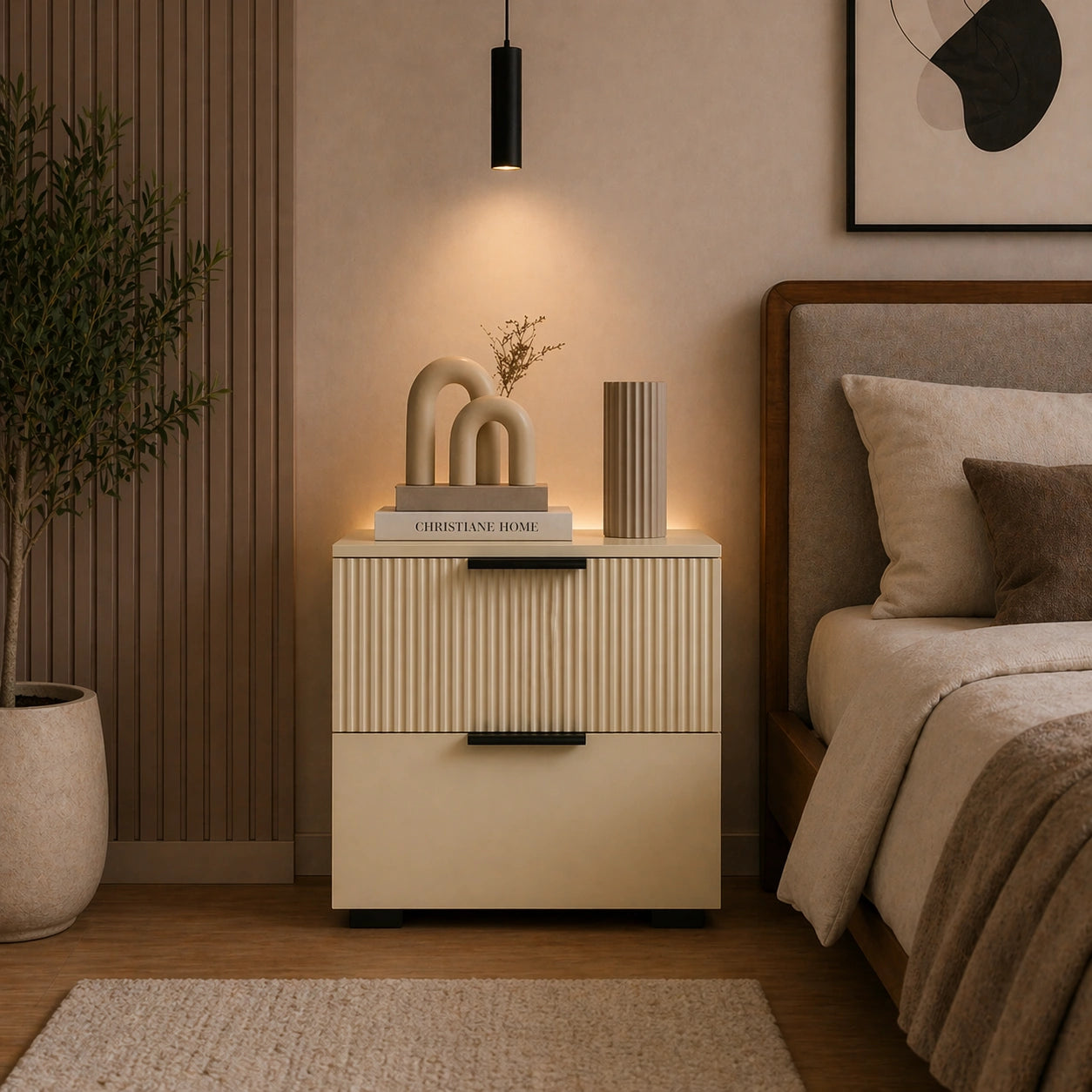 Fluted Solid Wood Bedside Table with 2 Drawers & Storage