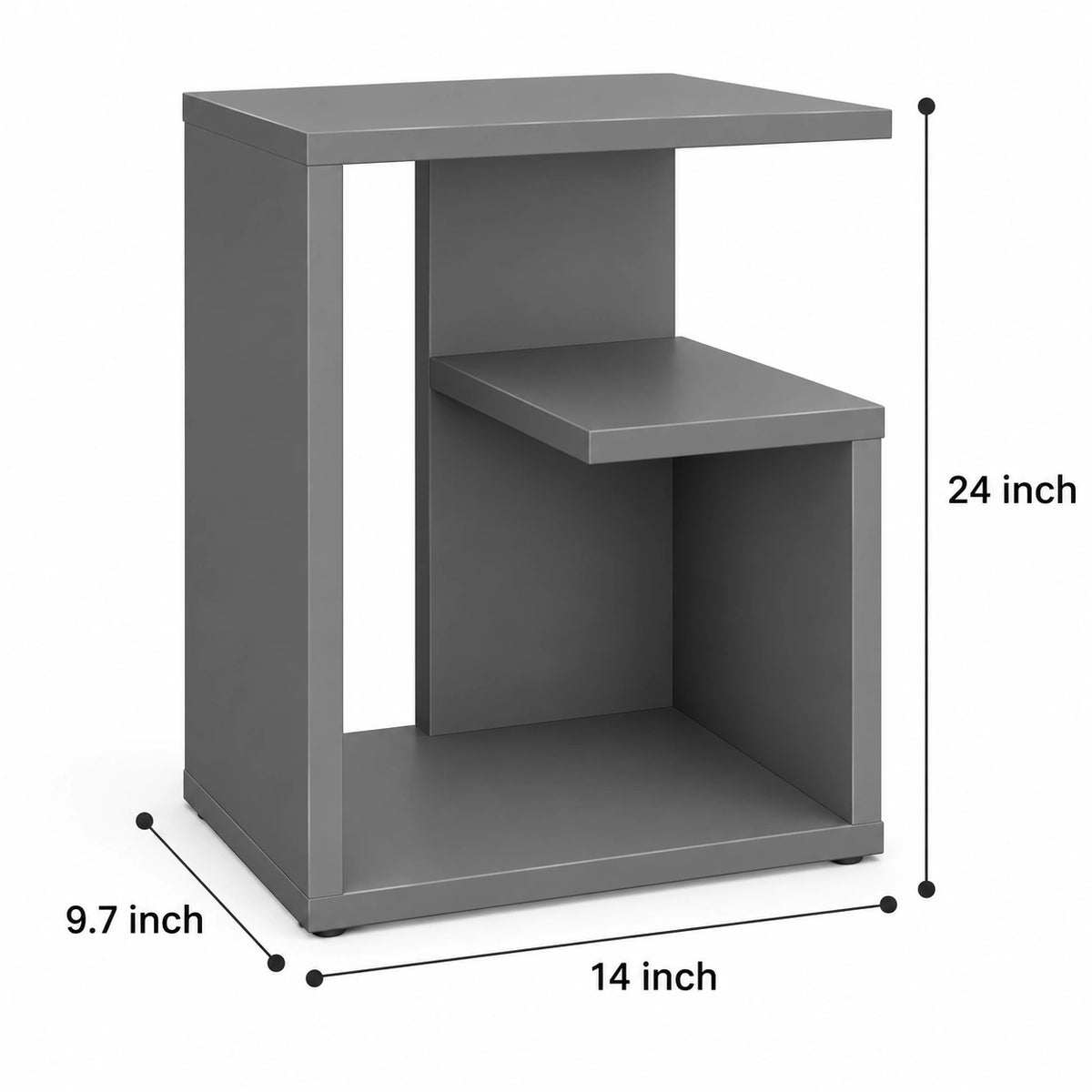 Gray end table dimensions showing 14 inch width, 9.7 inch depth and 24 inch height