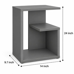 Gray end table dimensions showing 14 inch width, 9.7 inch depth and 24 inch height