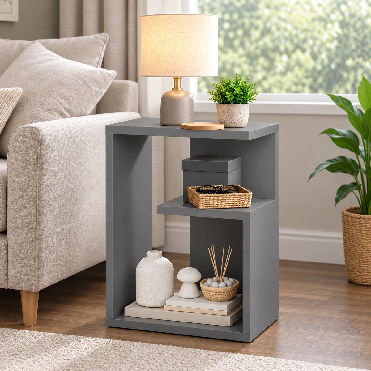 Gray living room end table with open storage shelves