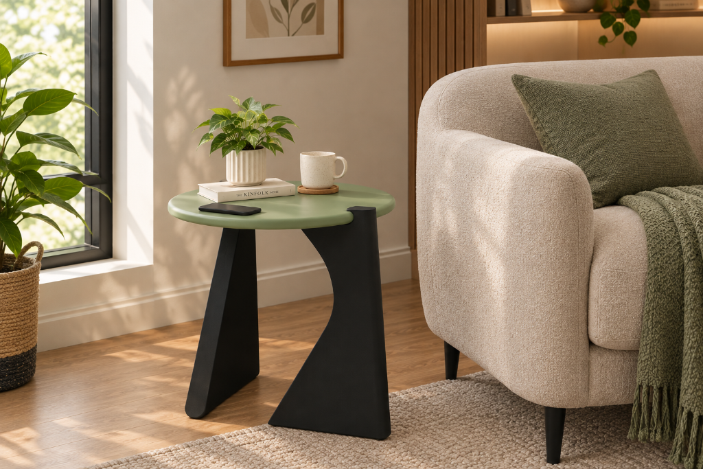 Green and black end table beside chair