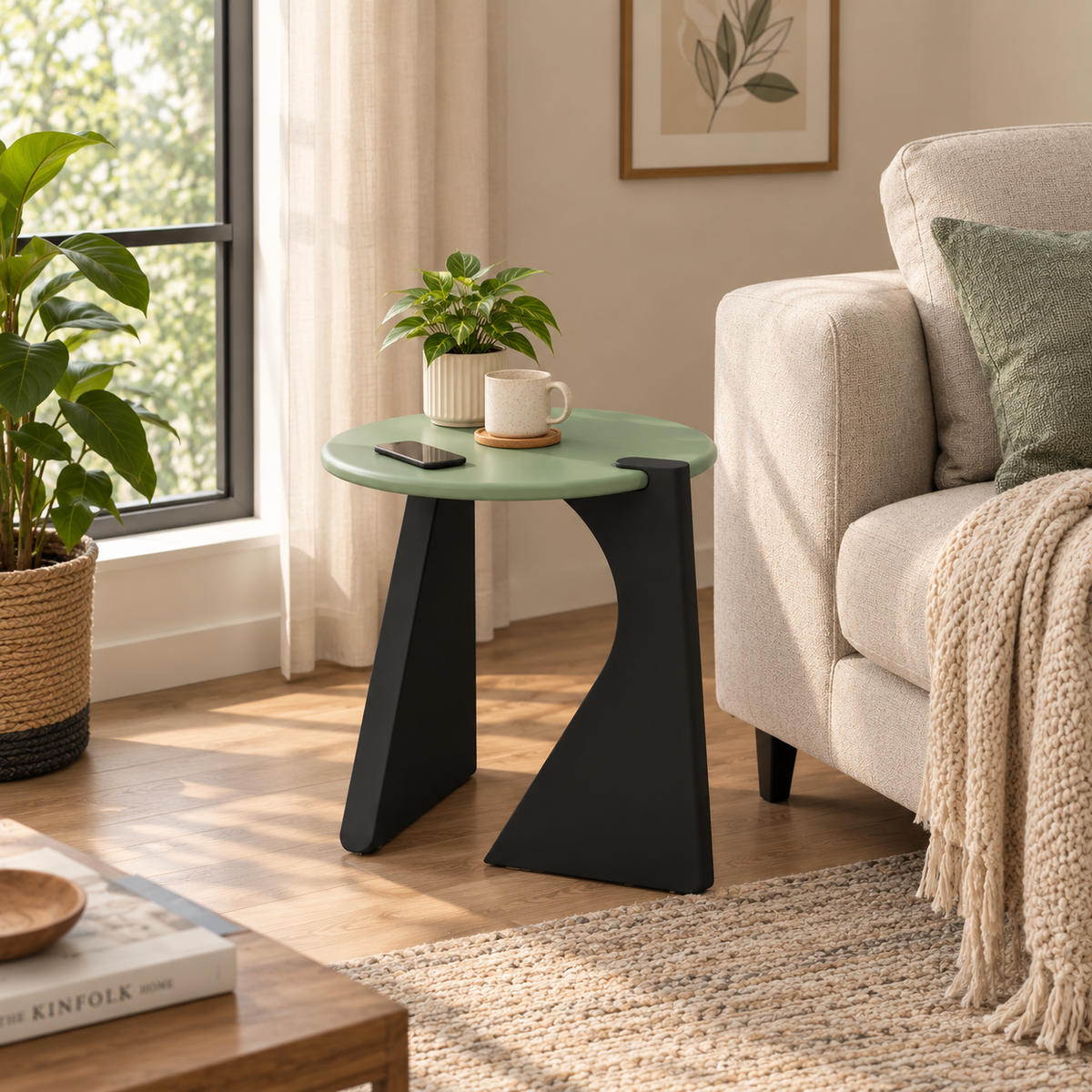 Green and black end table near sofa