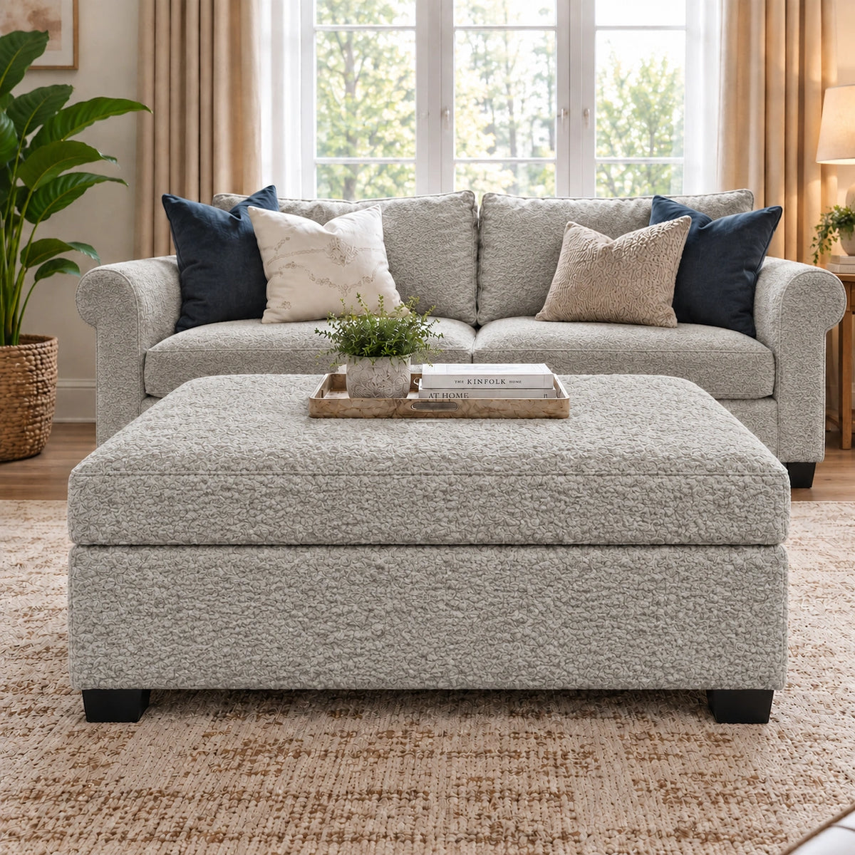Light grey ottoman in living room