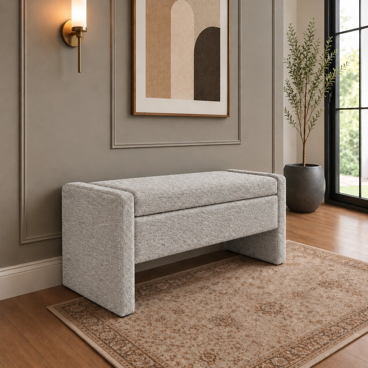 Light grey storage bench side view