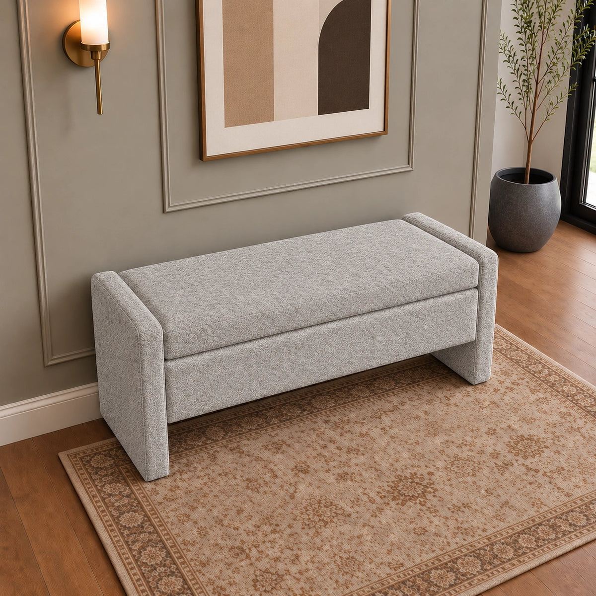 Light grey storage bench top view