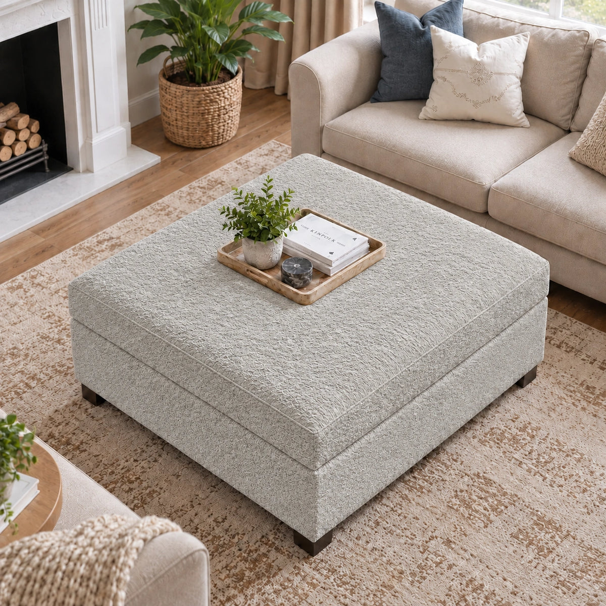 Light grey storage ottoman bench top view