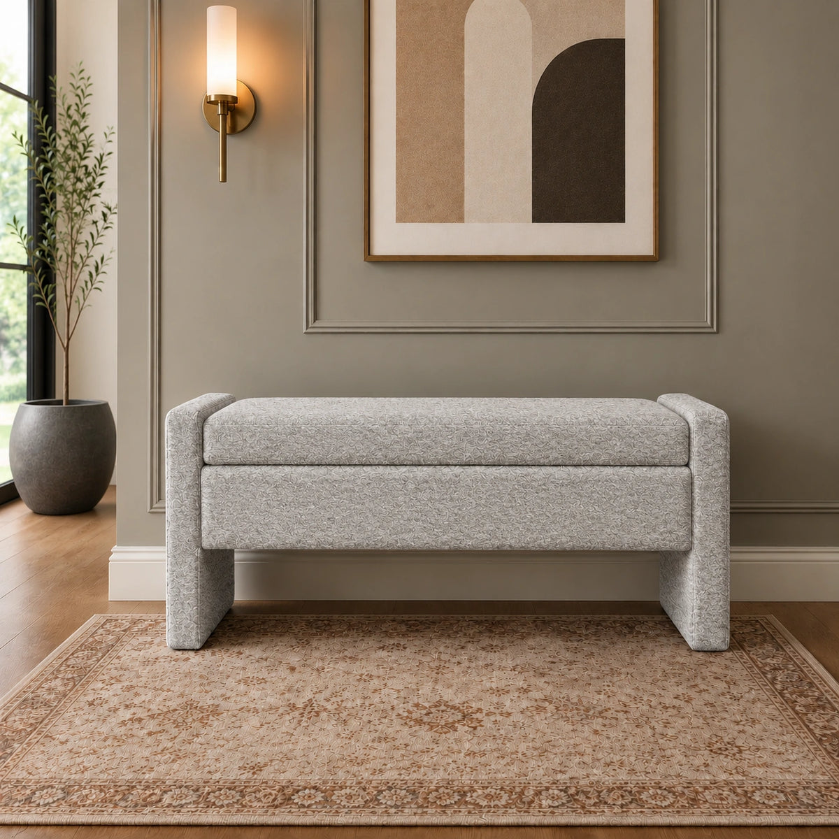 Light grey upholstered storage bench