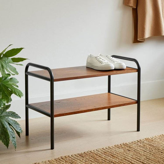 Minimalist Wooden Shoe Rack Bench – 2-Tier Storage Shelf with Black Metal Frame