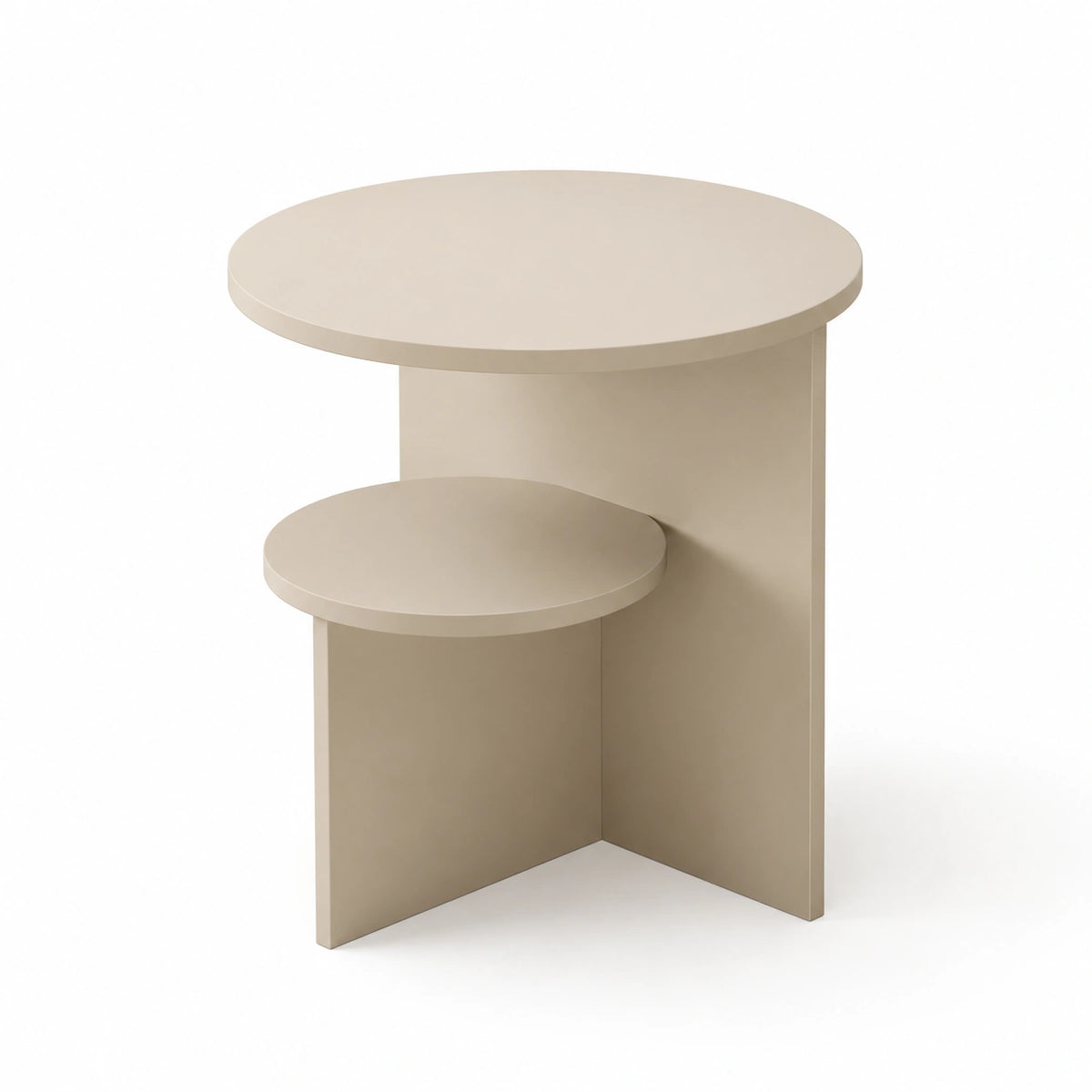 Modern cream round end table with lower shelf