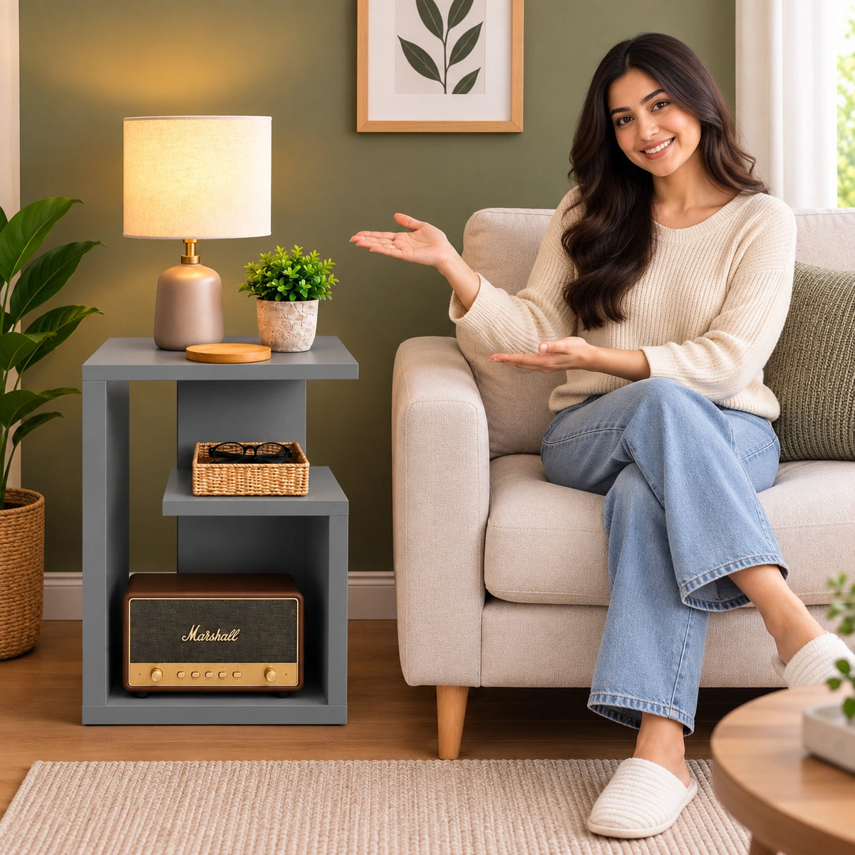 Modern gray side table styled beside a living room sofa