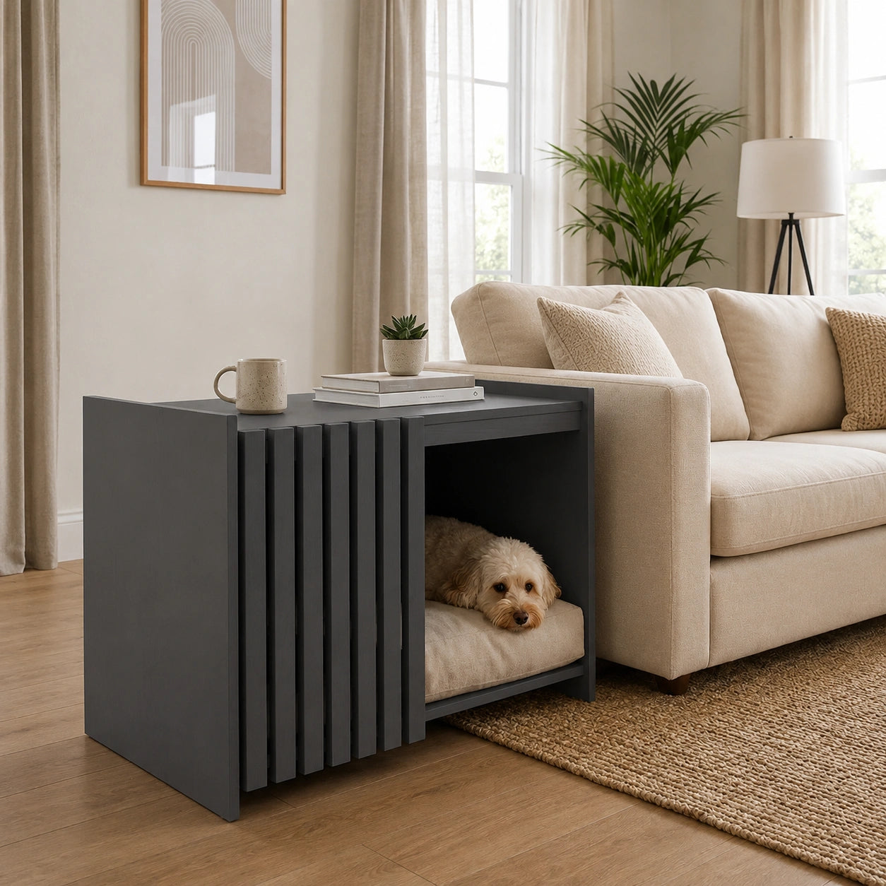 Modern pet house end table front left view with cozy dog bed inside and stylish living room setup