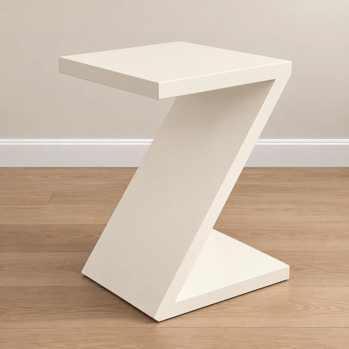 Modern white Z-shaped end table with contemporary design