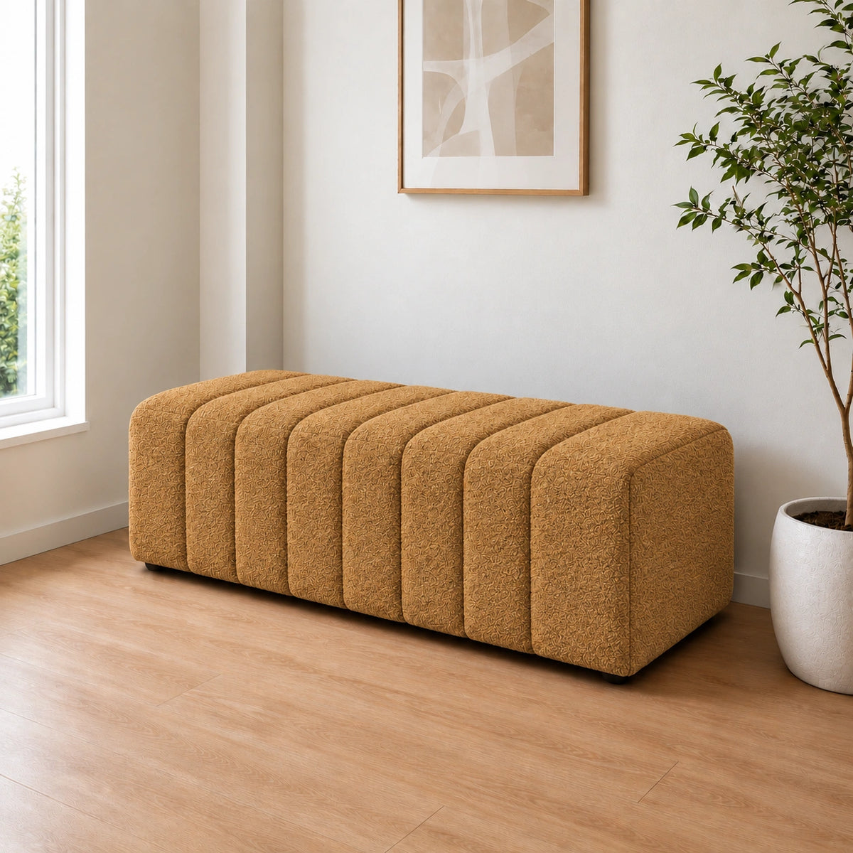 Mustard brown channel tufted ottoman with rounded edges