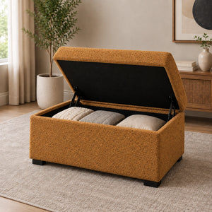 Mustard yellow storage ottoman with open compartment