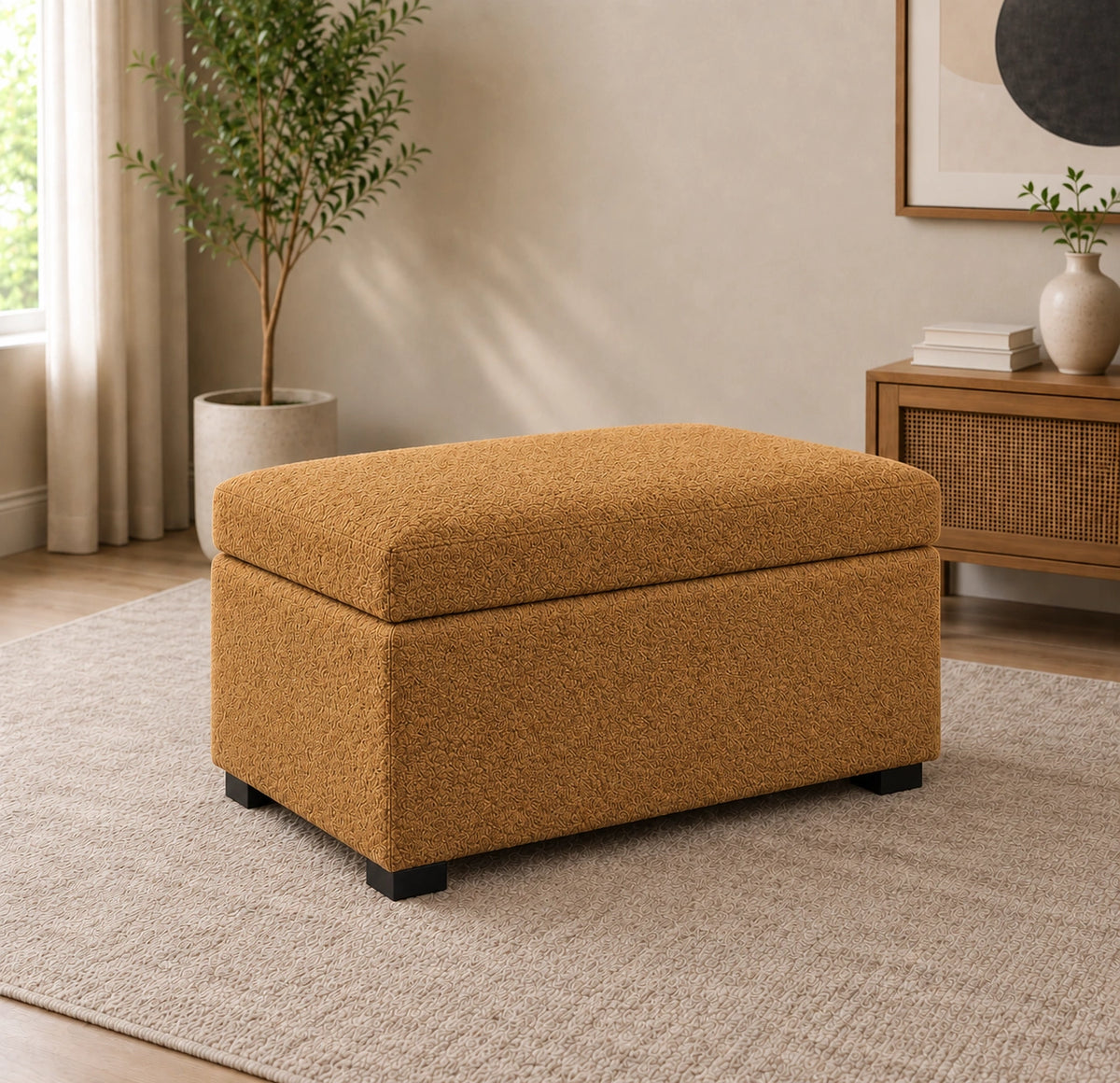 Mustard yellow upholstered storage bench