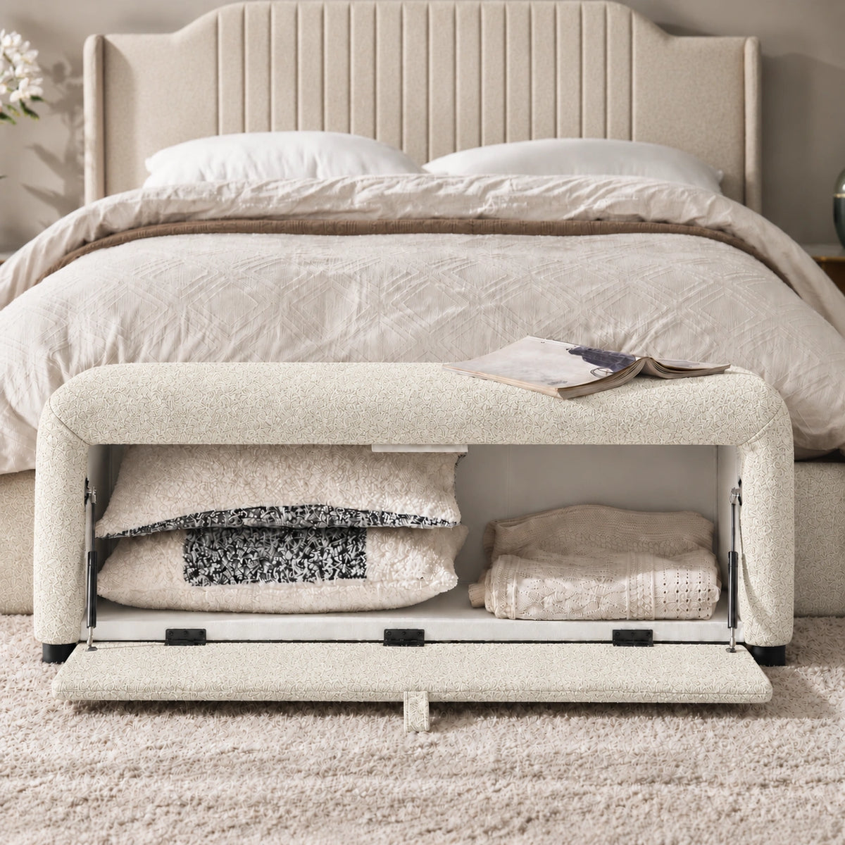 Off-white ottoman bench with open storage compartment