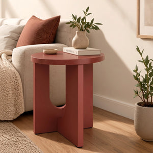 Red brown round end table with unique curved base design