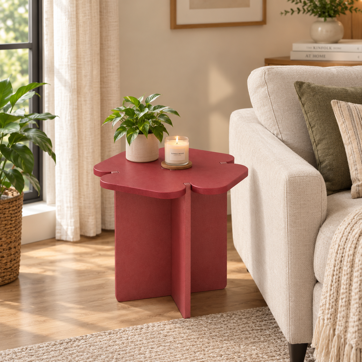 Red flower-shaped end table beside sofa