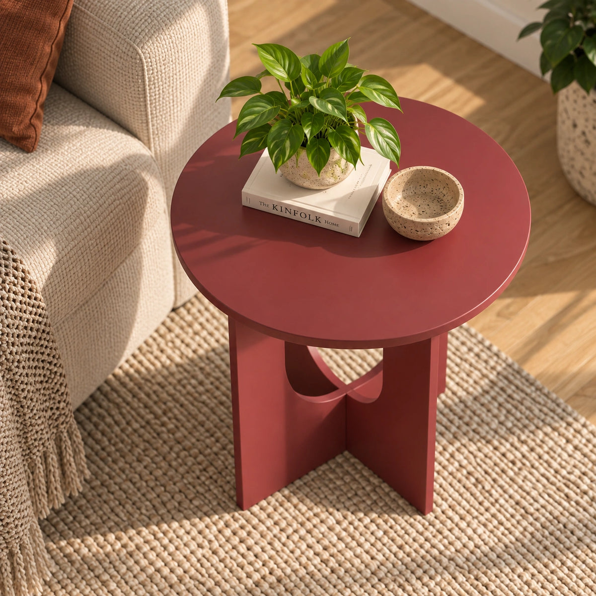Round maroon end table top view