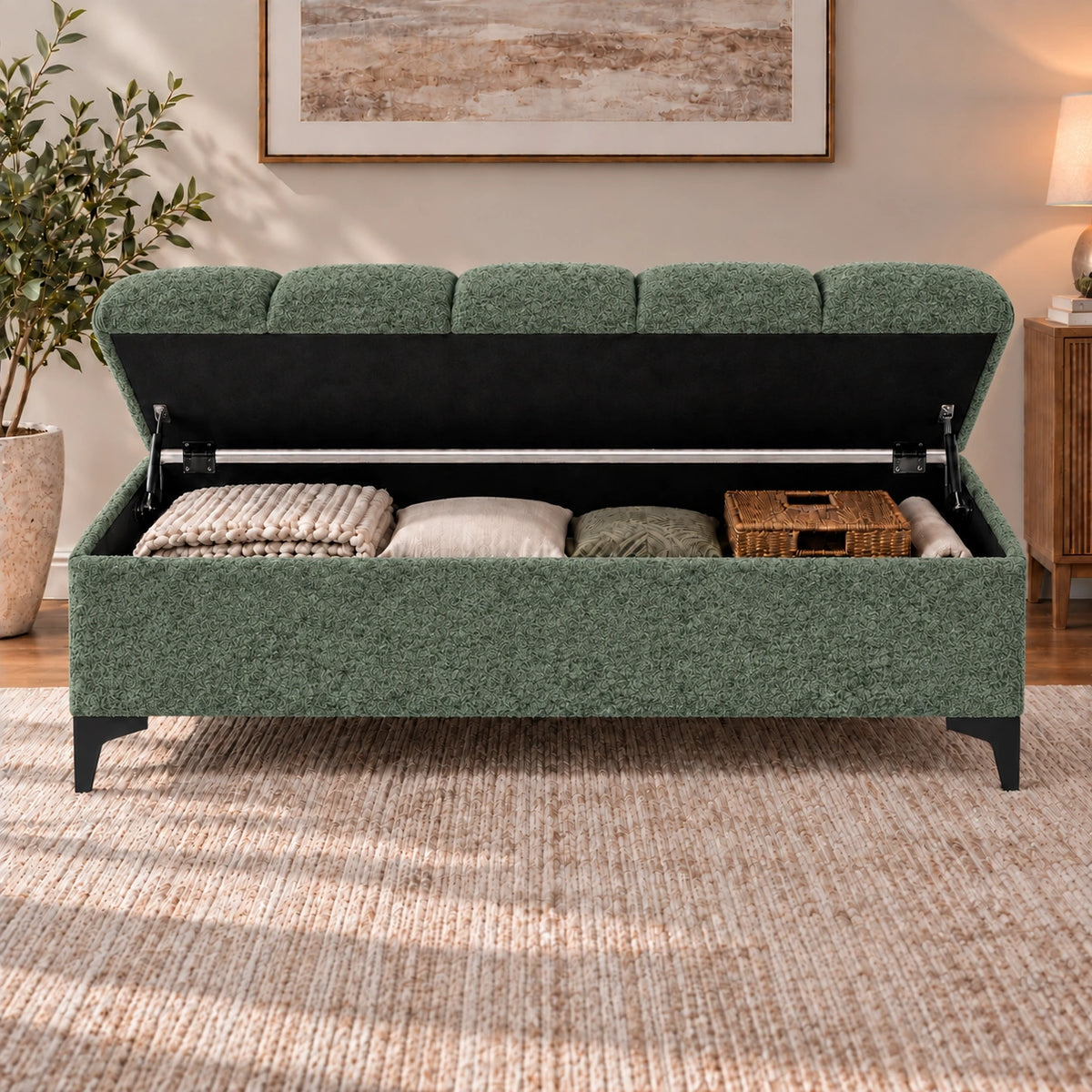 Sage green storage ottoman bench with spacious hidden storage compartment