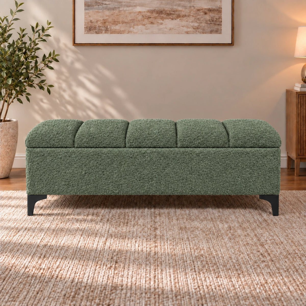 sage green upholstered storage ottoman bench with cushioned top and black legs