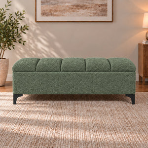 sage green upholstered storage ottoman bench with cushioned top and black legs