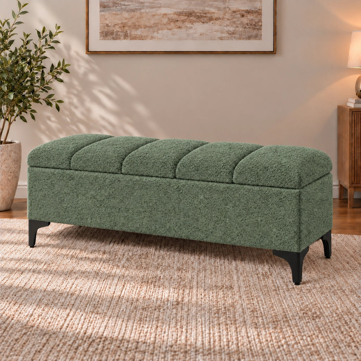 Sage green upholstered storage ottoman bench with five cushioned panels