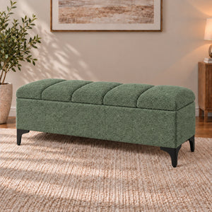 Sage green upholstered storage ottoman bench with five cushioned panels