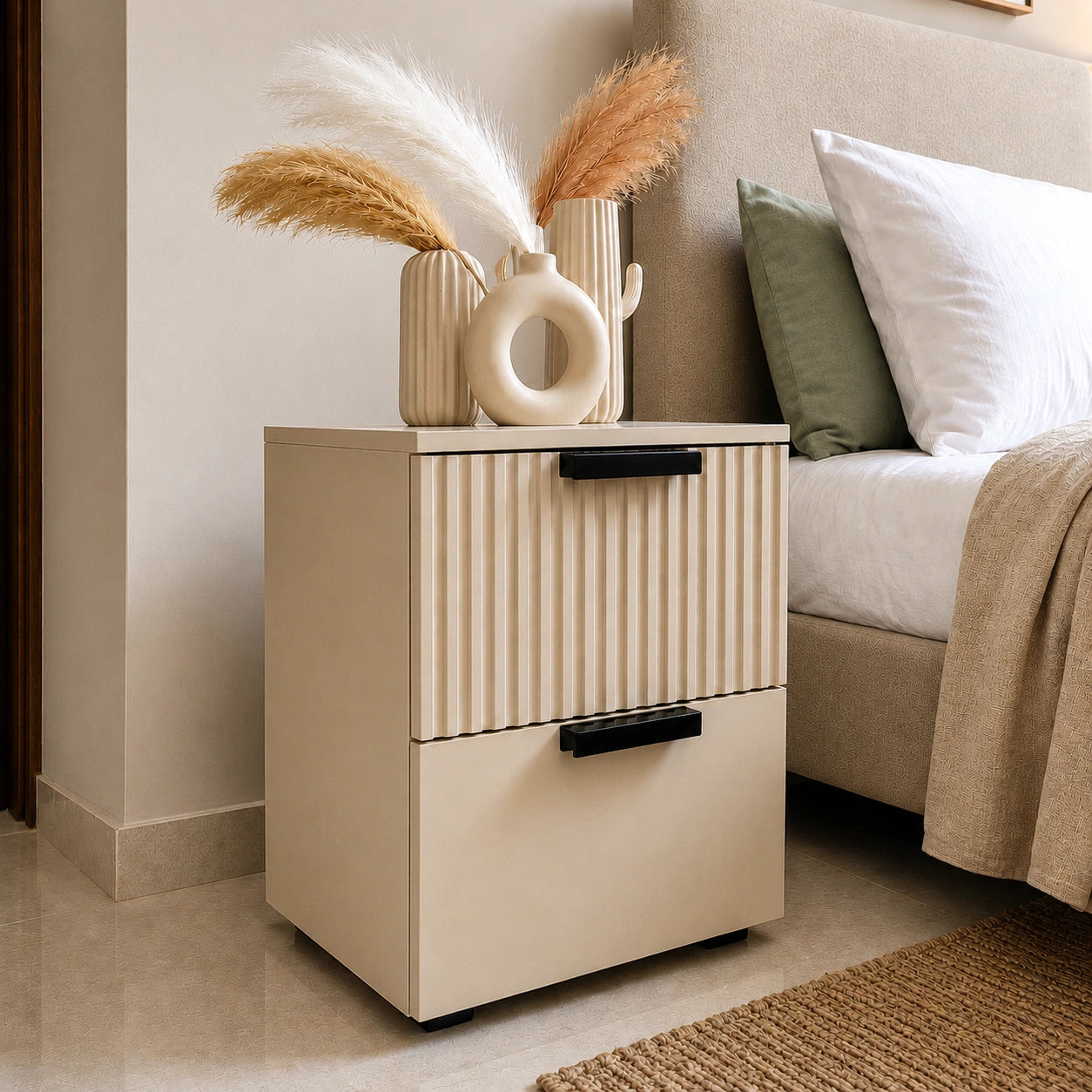 Premium Solid Wood bedside table featuring fluted drawer fronts and spacious storage in a modern bedroom.